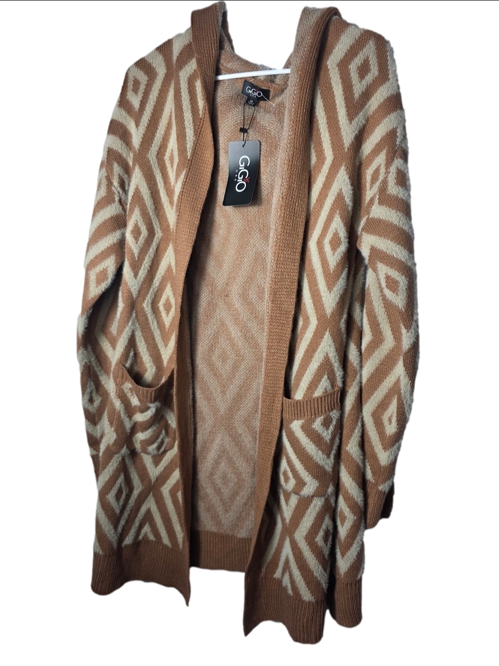 G&G Gigio Open-Front Geometric Hooded Cardigan - Tan & Cream New Boho Soft 90's